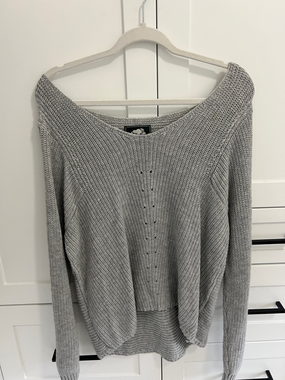 Roots Light Gray Off-Shoulder Knit Sweater